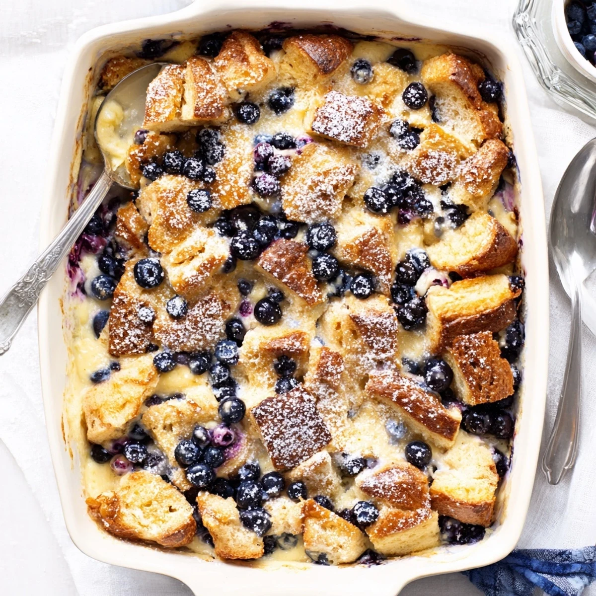 Buttery croissant casserole layered with sweet cream cheese swirled with plump blueberries