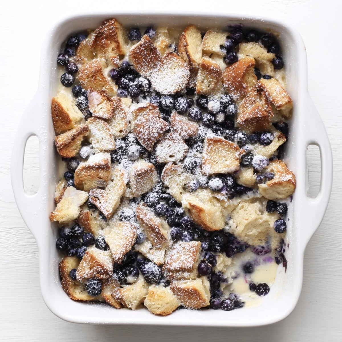 Warm blueberry cream cheese croissant casserole topped with powdered sugar for brunch