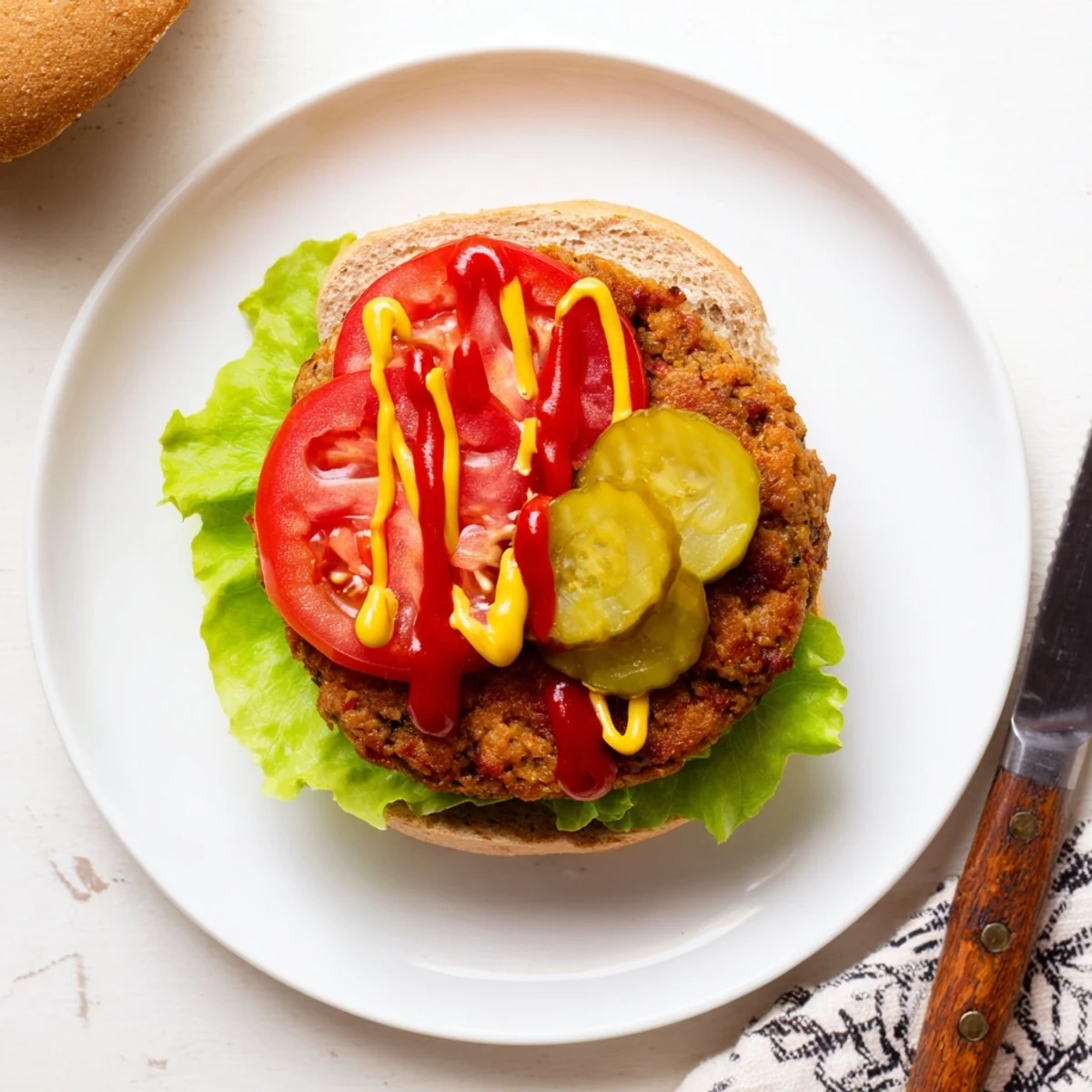 Golden veggie burgers recipe stacked on toasted buns with fresh lettuce and tomato