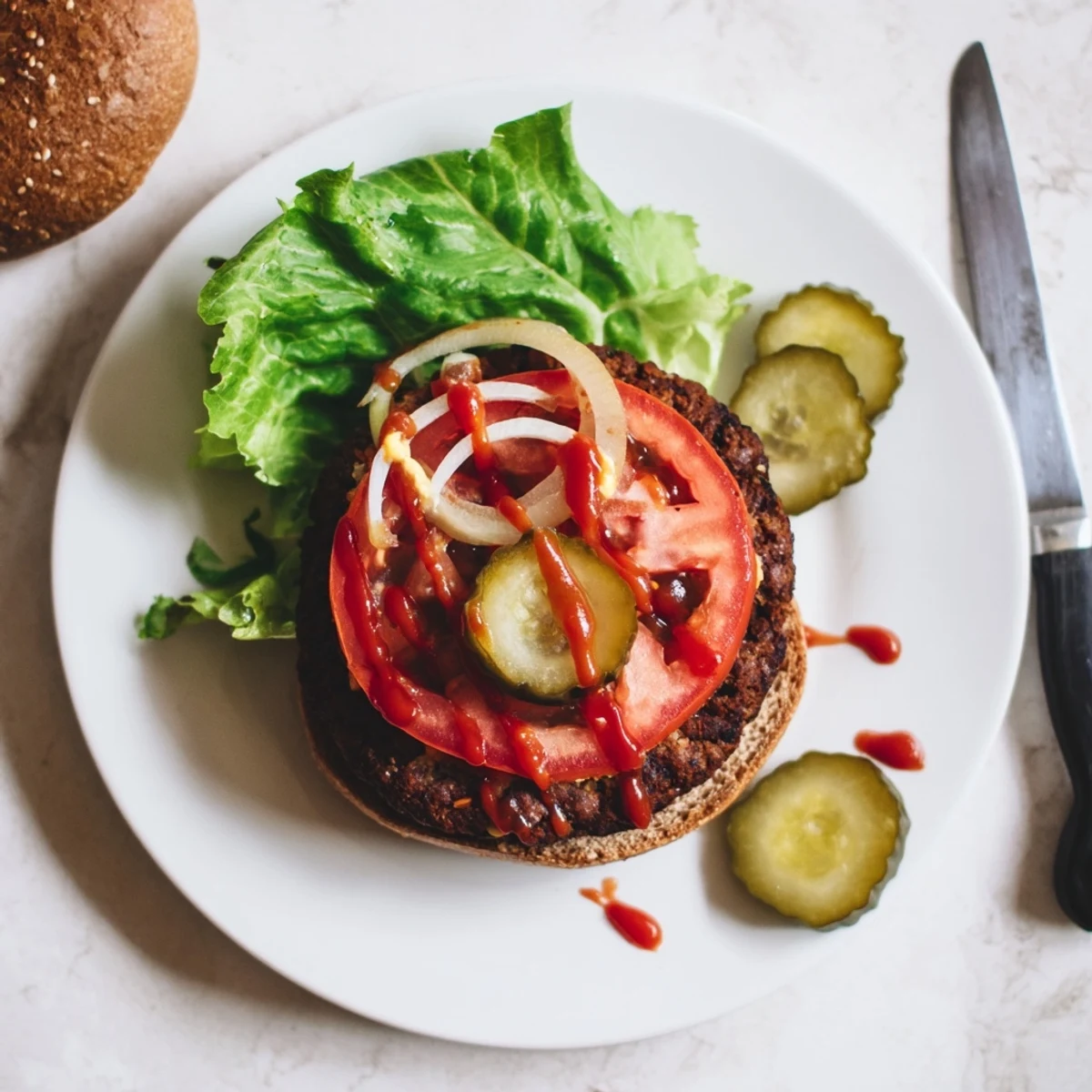 Homemade veggie burgers recipe plated with crispy sweet potato fries and pickle chips