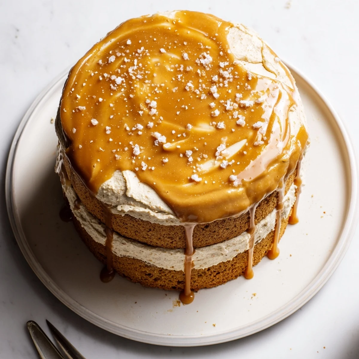 Moist brown butter banana cake layered with salted caramel frosting and topped with sweet drizzle