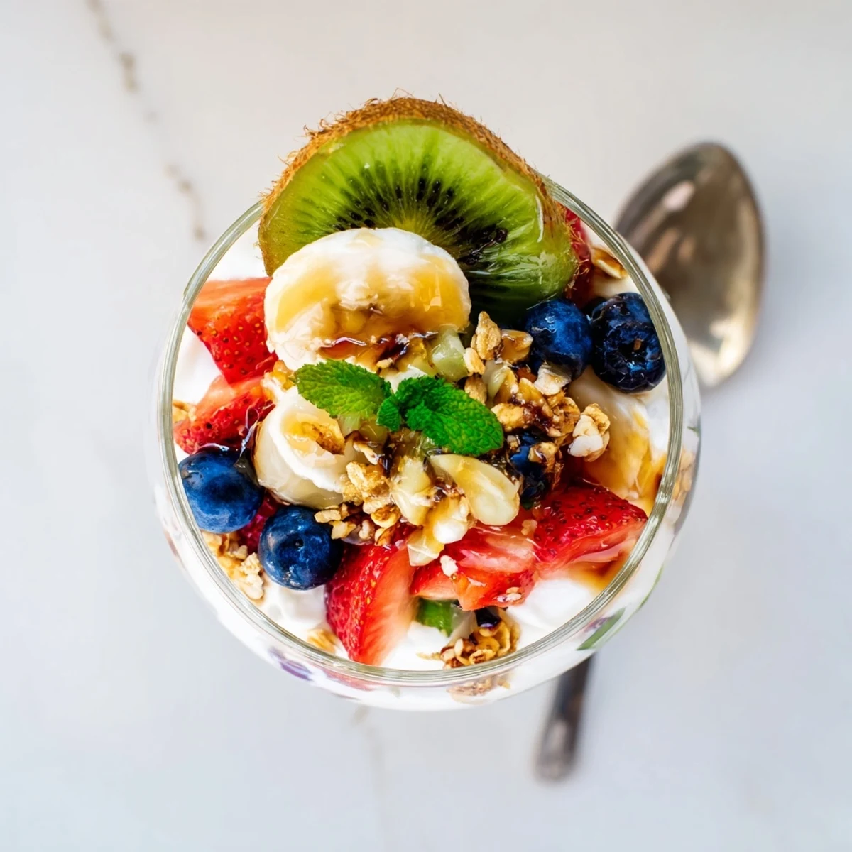 Creamy Greek yogurt parfait recipe drizzled with honey and topped with sliced strawberries blueberries