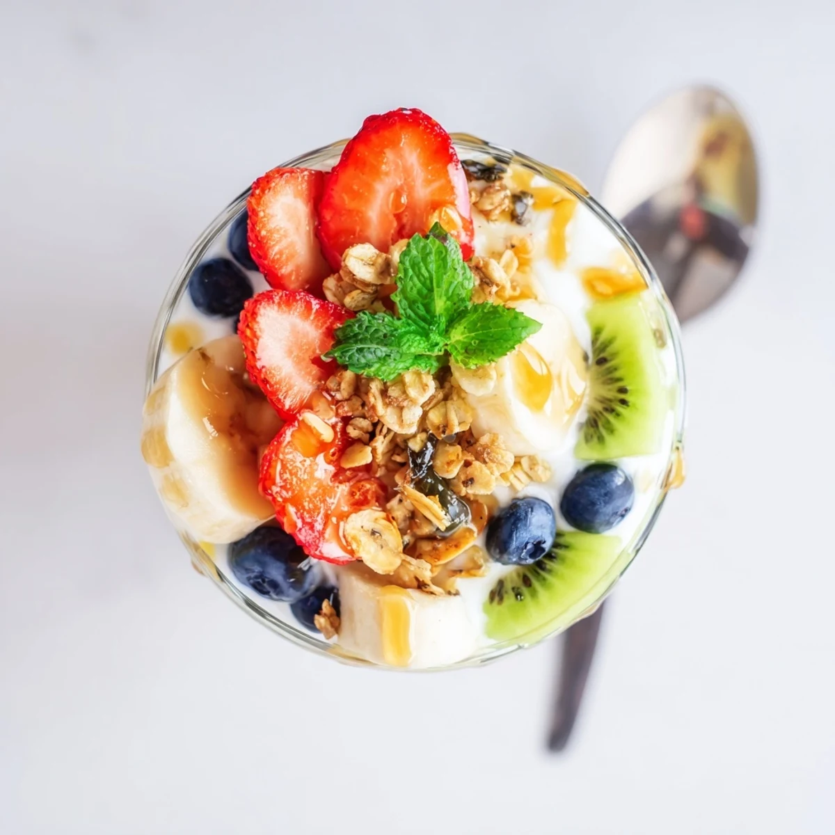 Layered yogurt parfait recipe with honey and fresh colorful fruits in clear glass