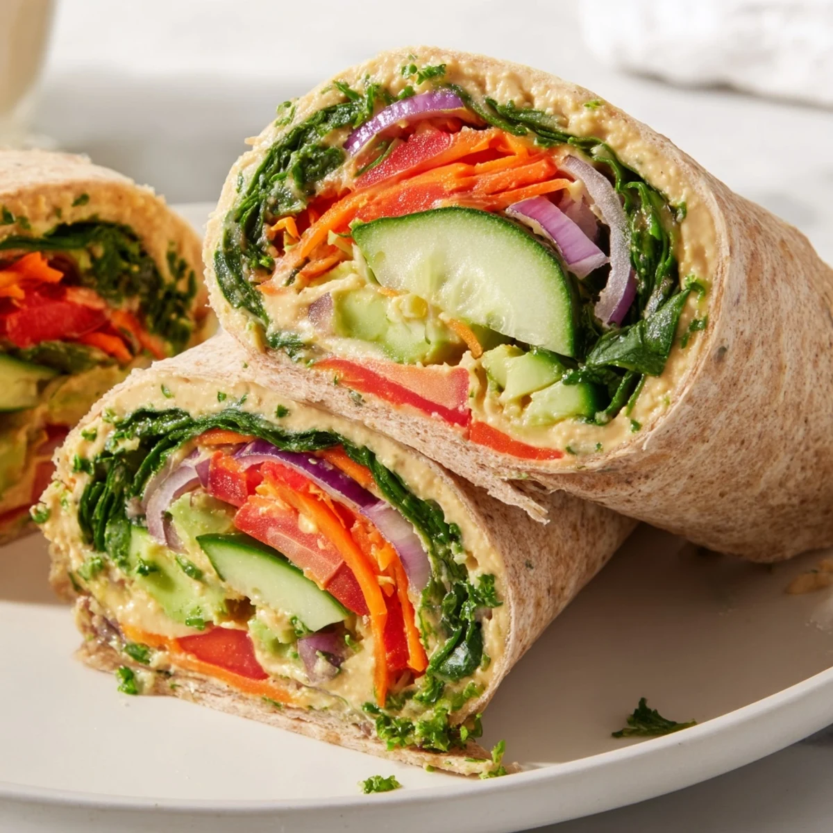 Golden whole wheat tortilla wrapped around creamy hummus and colorful crisp fresh vegetables