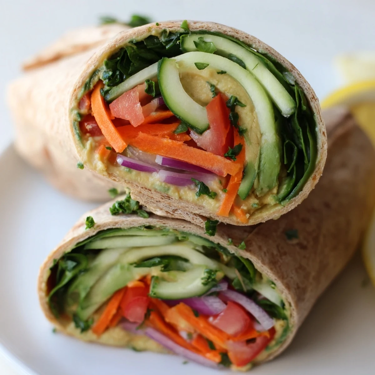 Vegan lunch platter featuring sliced hummus wrap with red onion, avocado, and fresh herbs