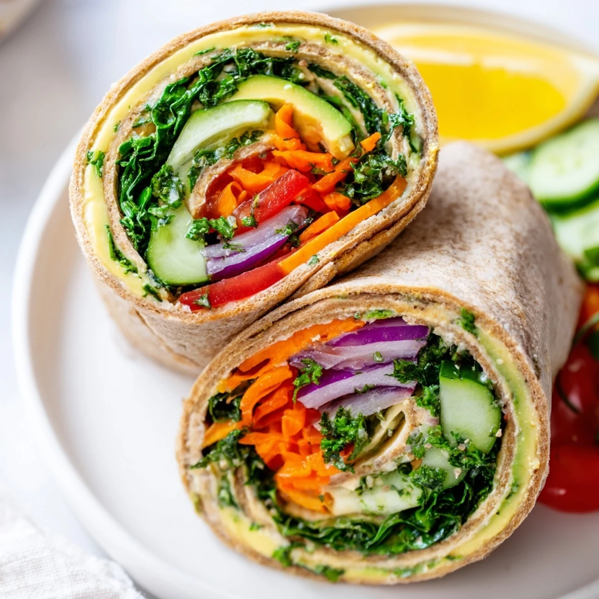 Cross-section of Mediterranean hummus wrap revealing layers of spinach, cucumber, bell pepper, and carrots