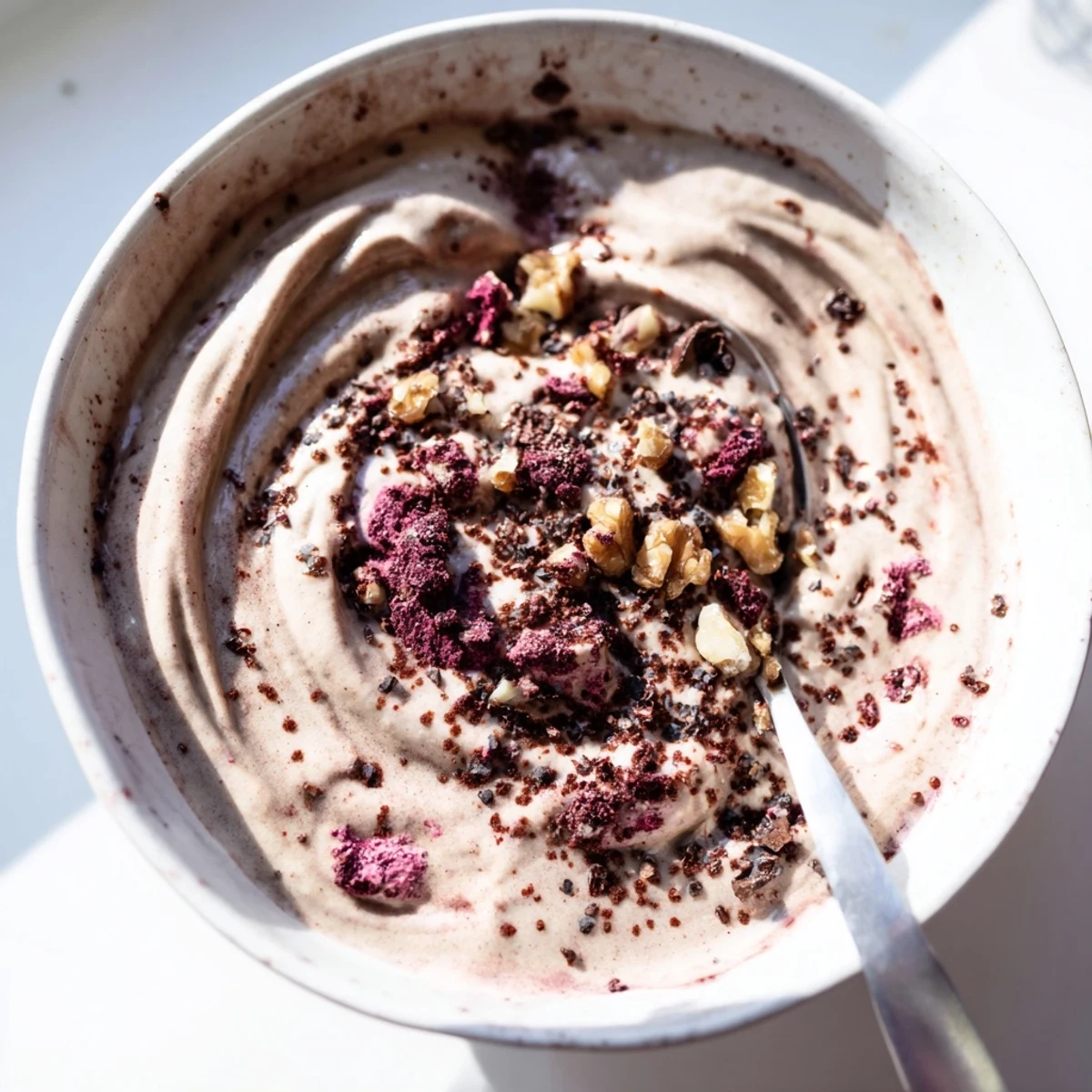 Vegan healthy nice cream swirl in a glass bowl showcasing smooth dairy-free frozen dessert texture