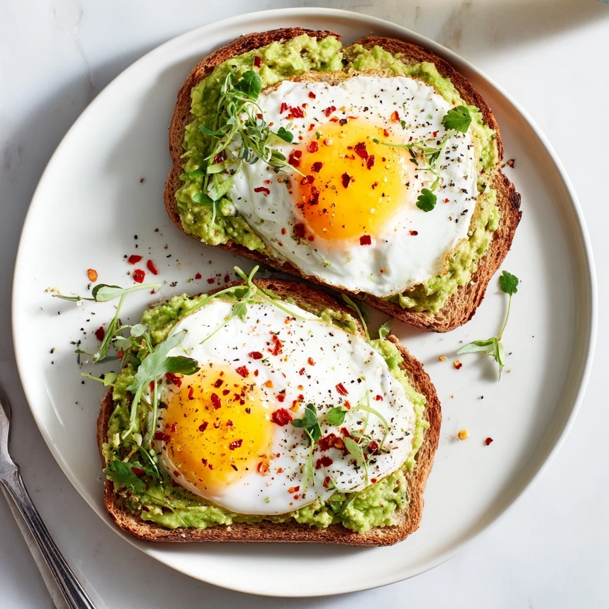 Plate of simple avocado toast with egg garnished with red pepper flakes and fresh herbs