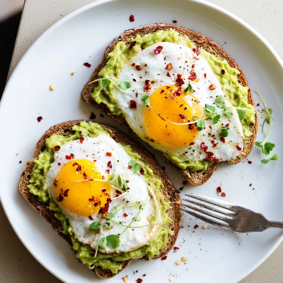 Golden toast topped with creamy mashed avocado and a perfectly cooked fried egg