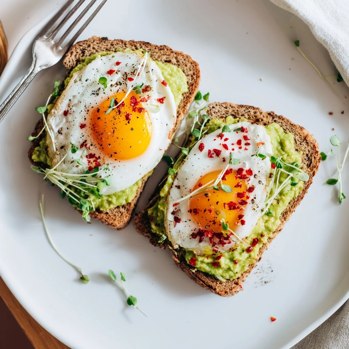 Whole grain bread layered with smashed avocado and a sunny side up egg