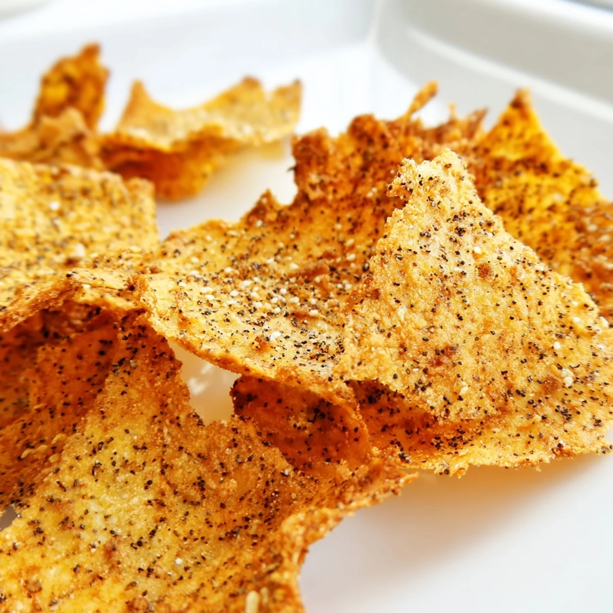 Golden brown chickpea chips arranged on a wooden board with a side of hummus