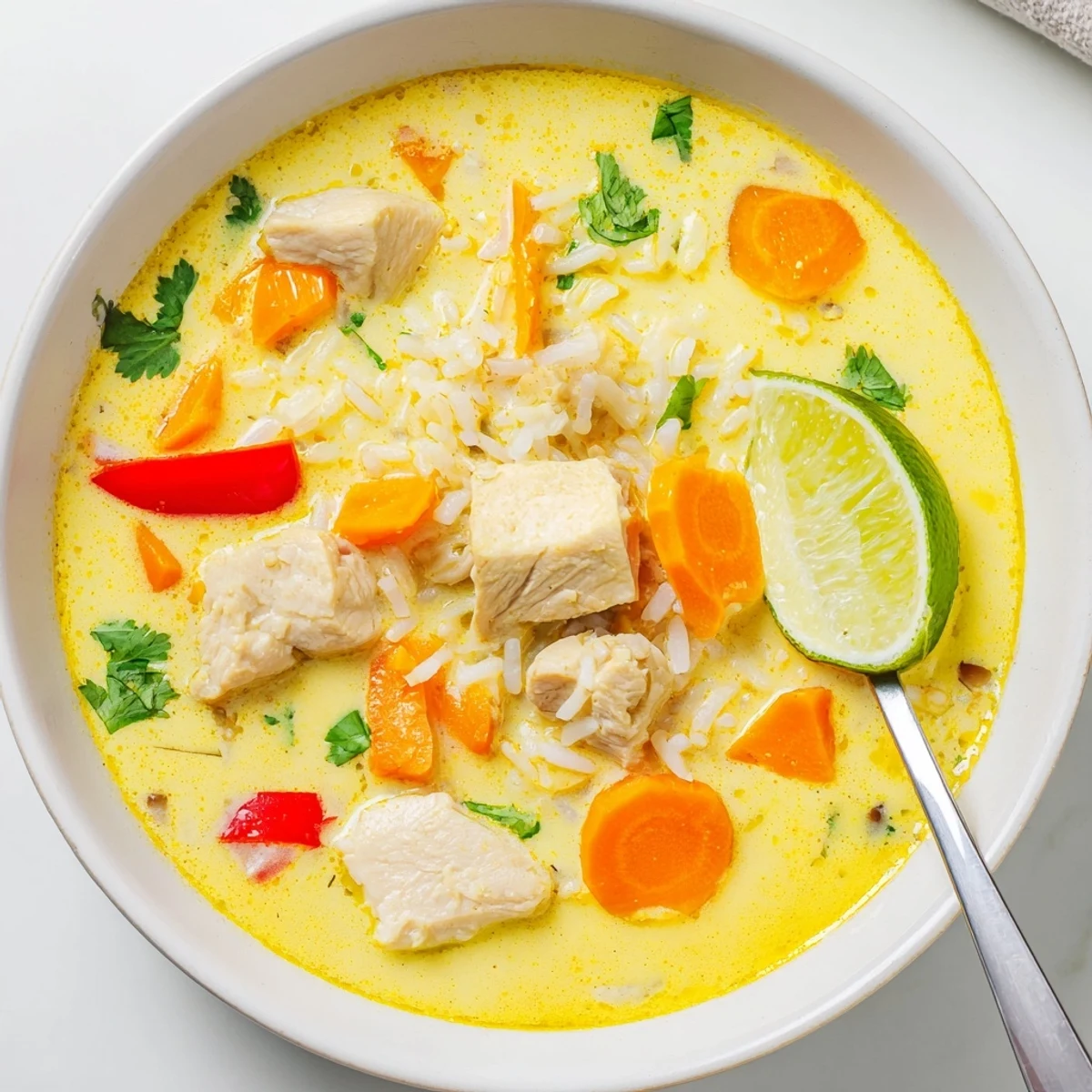 Golden Coconut Chicken Rice Soup steaming in bowl, creamy turmeric scented comfort
