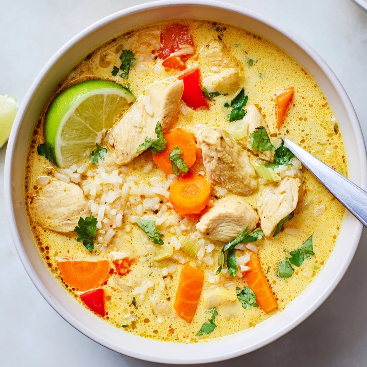 Spoonful of Golden Coconut Chicken Rice Soup garnished with cilantro and lime