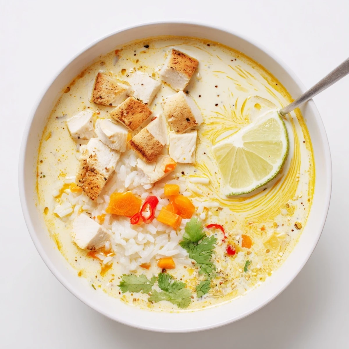 Hearty Golden Coconut Chicken Rice Soup ladled from pot, fragrant ginger notes