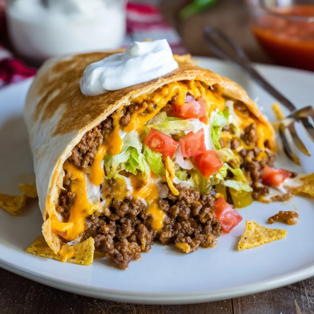 Ultimate Cheesy Beef Crunch Wraps halved, molten cheddar oozing, crispy tortilla edges.