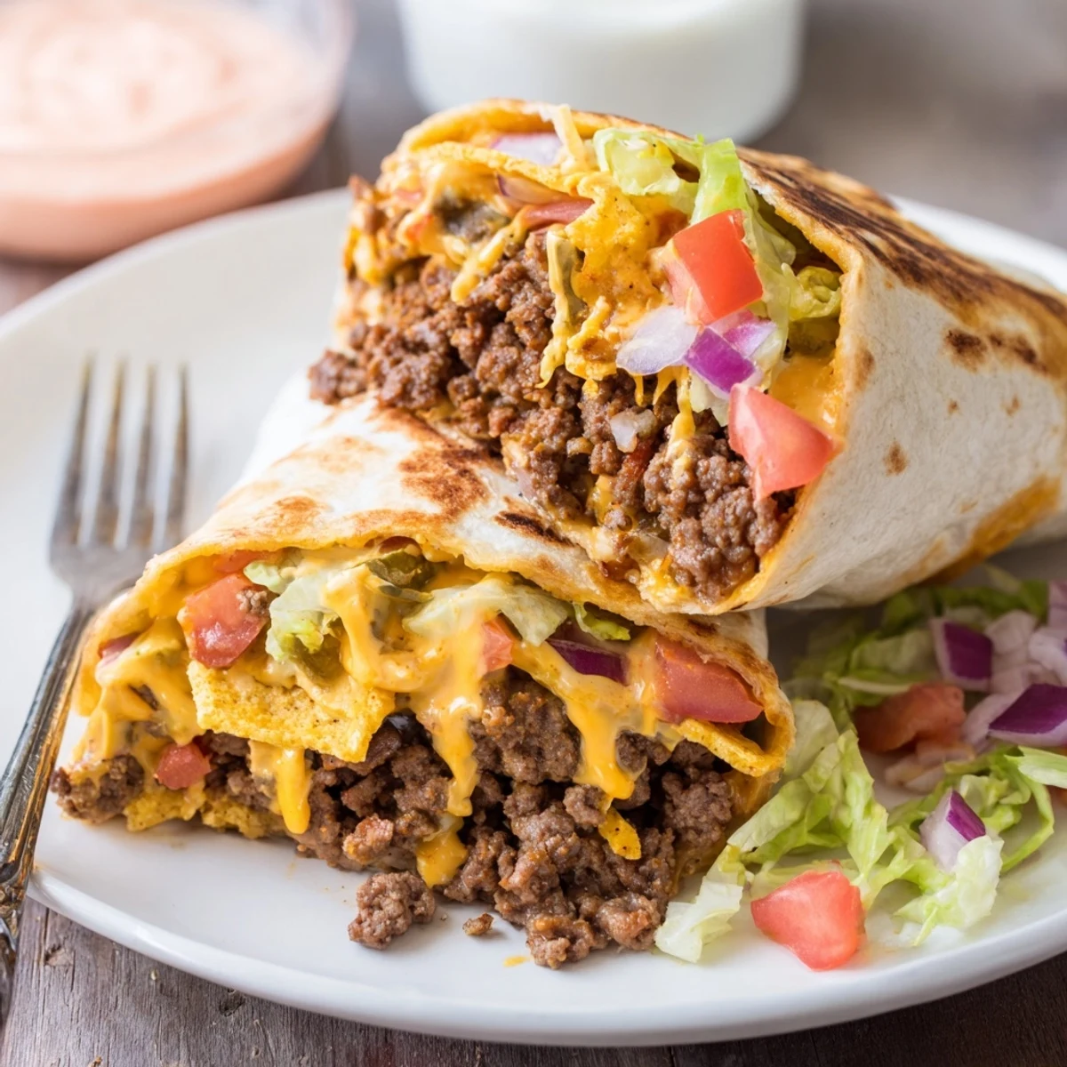 Skillet toasted Ultimate Cheesy Beef Crunch Wraps with crunchy tostada layer and sliced jalapeño.