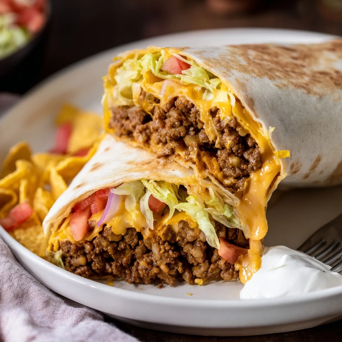 Warm Ultimate Cheesy Beef Crunch Wraps served with tangy salsa and sour cream.
