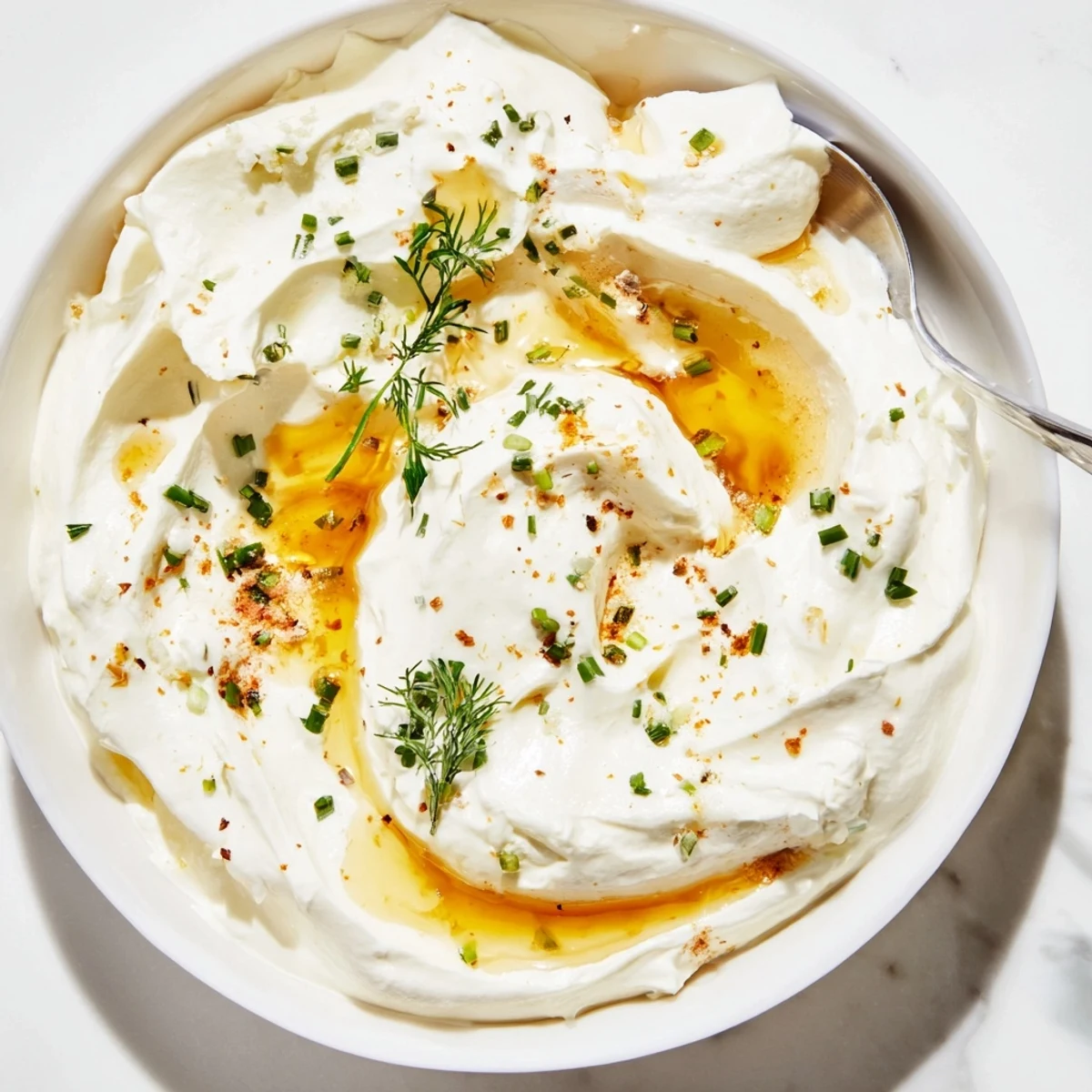 Creamy Hot Honey Ranch Dip chilled in bowl, garnished with fresh chives