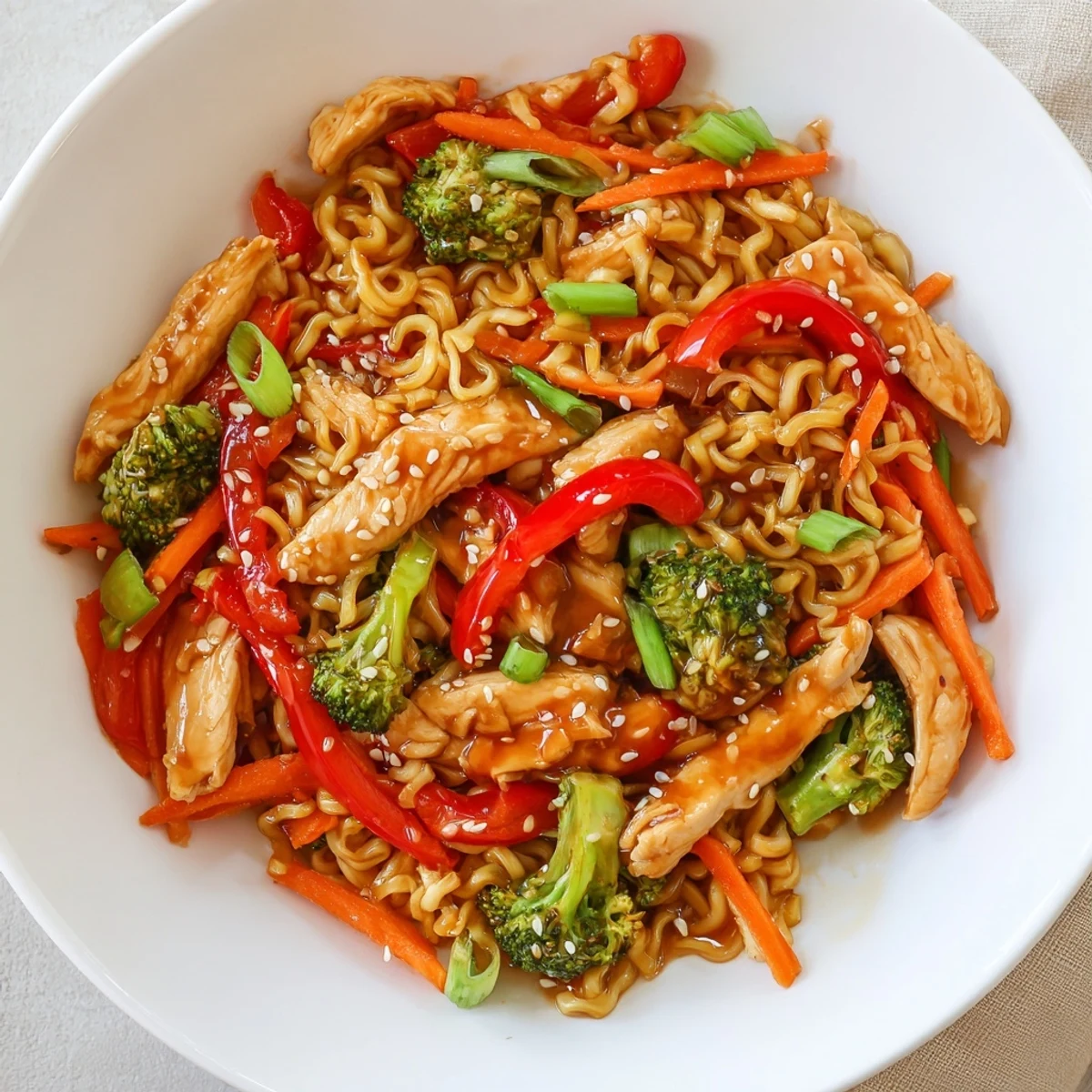 Pan seared Chicken Ramen Stir Fry piled high with bouncy noodles