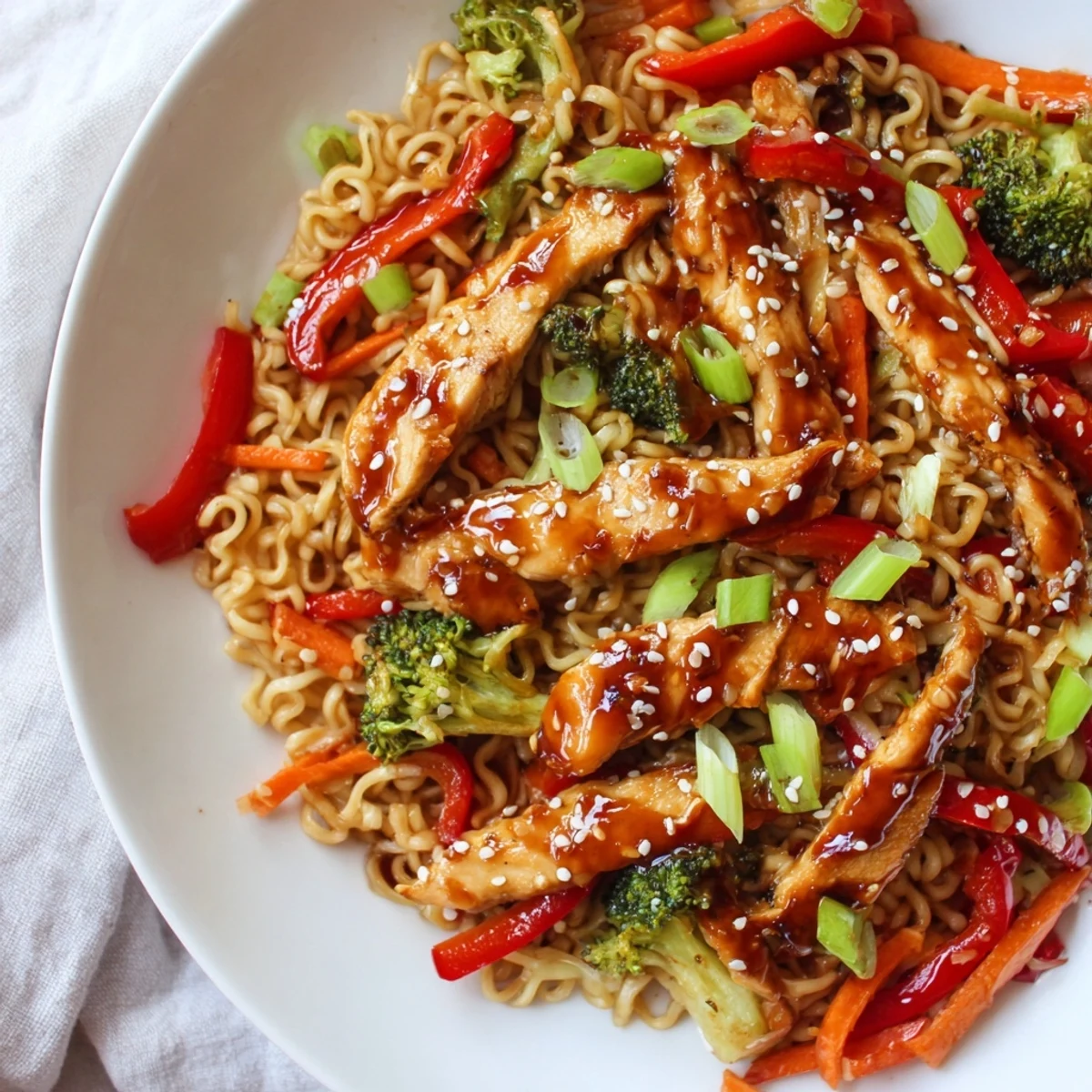 Chicken Ramen Stir Fry with glossy sauce, tender chicken and crisp vegetables