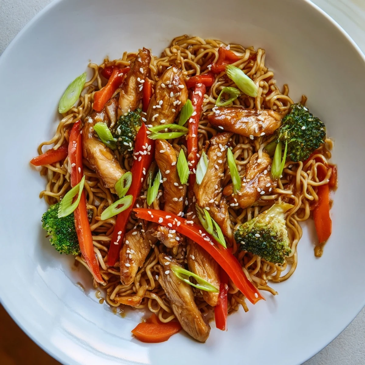 Weeknight Chicken Ramen Stir Fry tossed in savory sauce, garnished with sesame