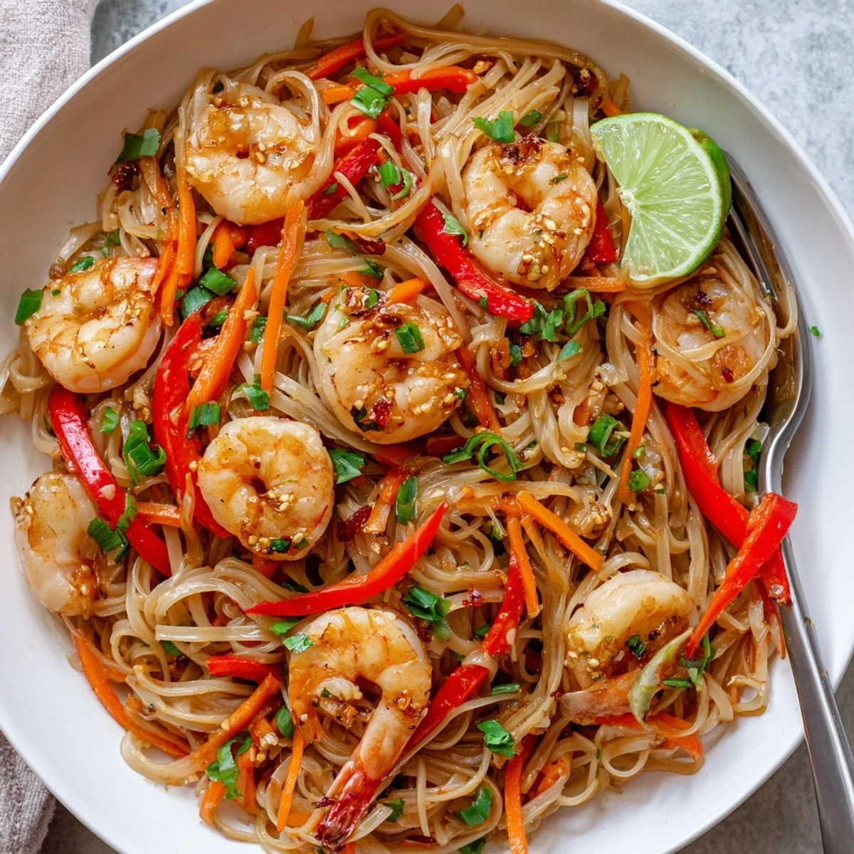 Spicy Garlic Shrimp Noodles Recipe plated with crunchy vegetables, sizzling and ready
