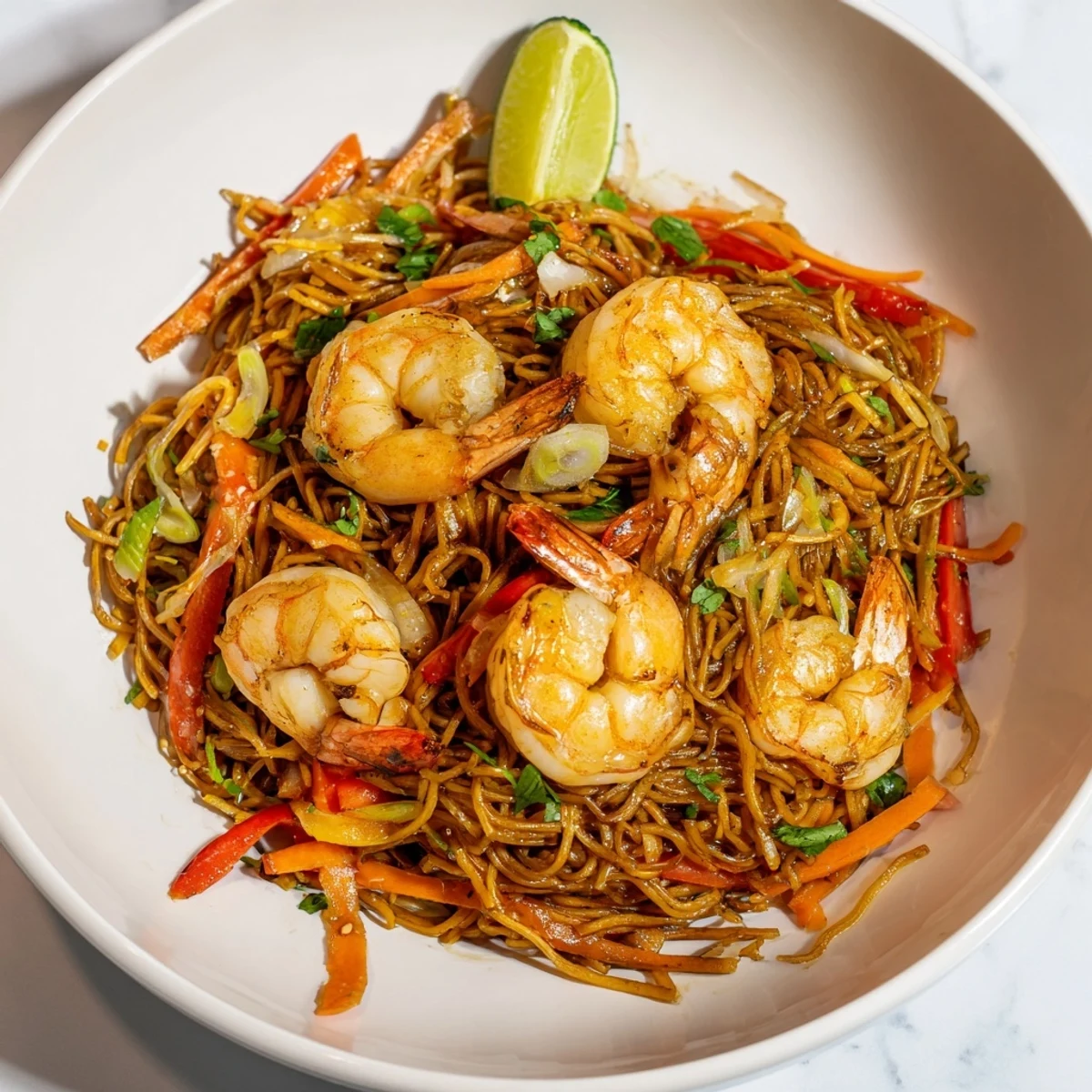 Spicy Garlic Shrimp Noodles Recipe steaming in a wok, fragrant garlic aroma  