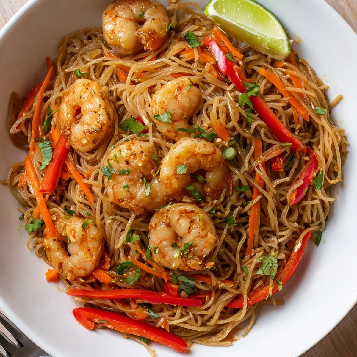 Spicy Garlic Shrimp Noodles Recipe tossed with cilantro, lime wedges, zesty glaze  