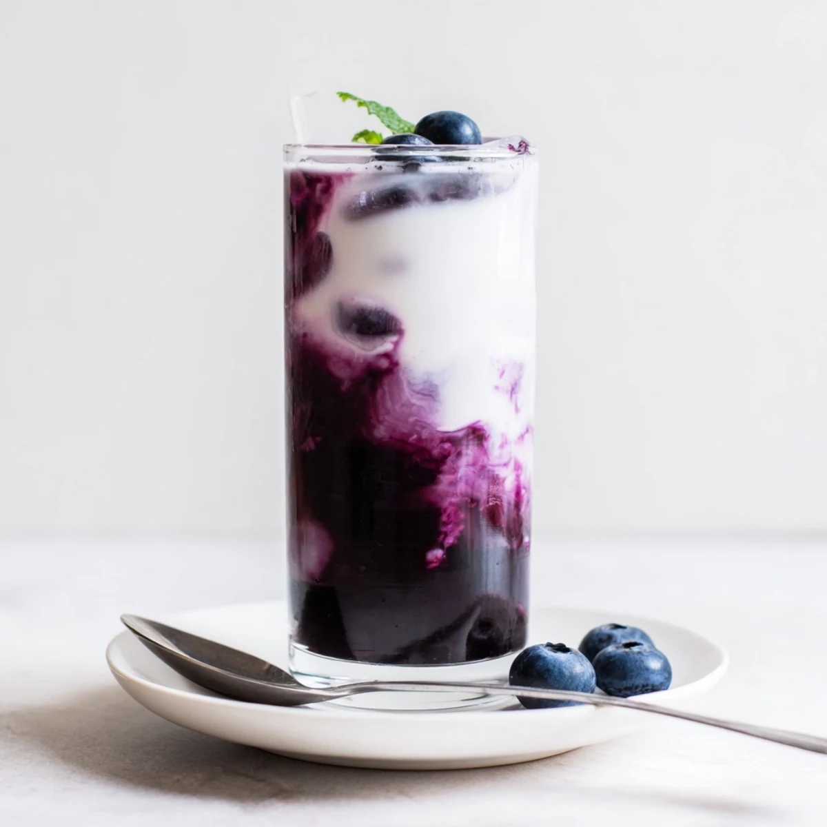 Two glasses of Blueberry Milk Tea Cooler over ice, vibrant purple