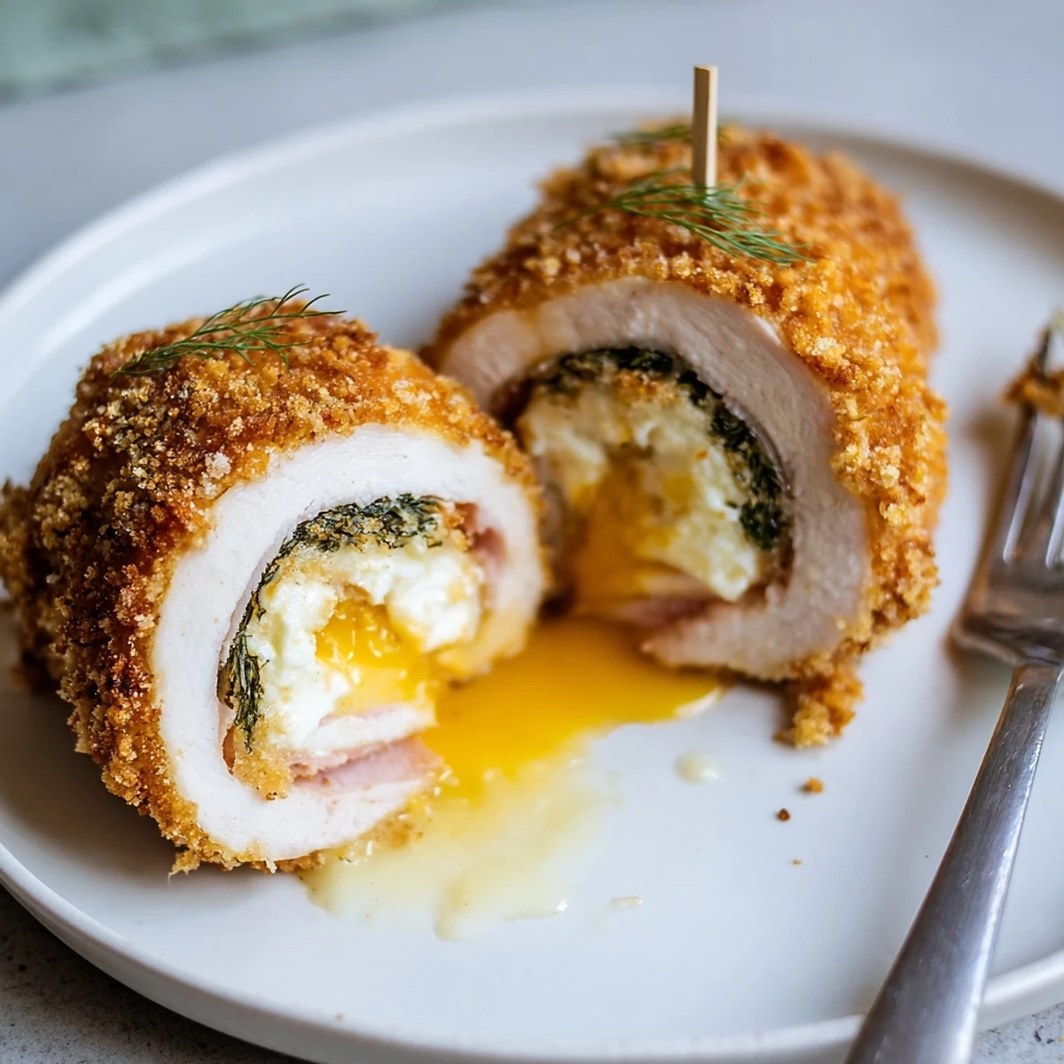 Warm tender slices reveal tangy pickle flavor in Crispy Pickle Brined Chicken Rolls