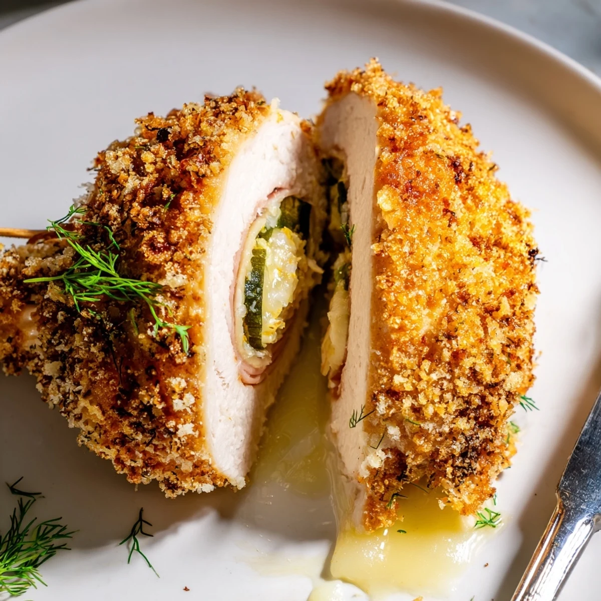 Crispy Pickle Brined Chicken Rolls sliced on platter, golden crust, melted cheese