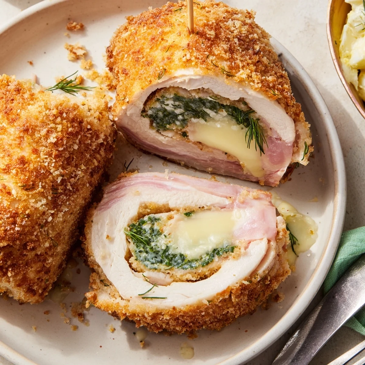Plated with potato salad and herbs, these are Crispy Pickle Brined Chicken Rolls