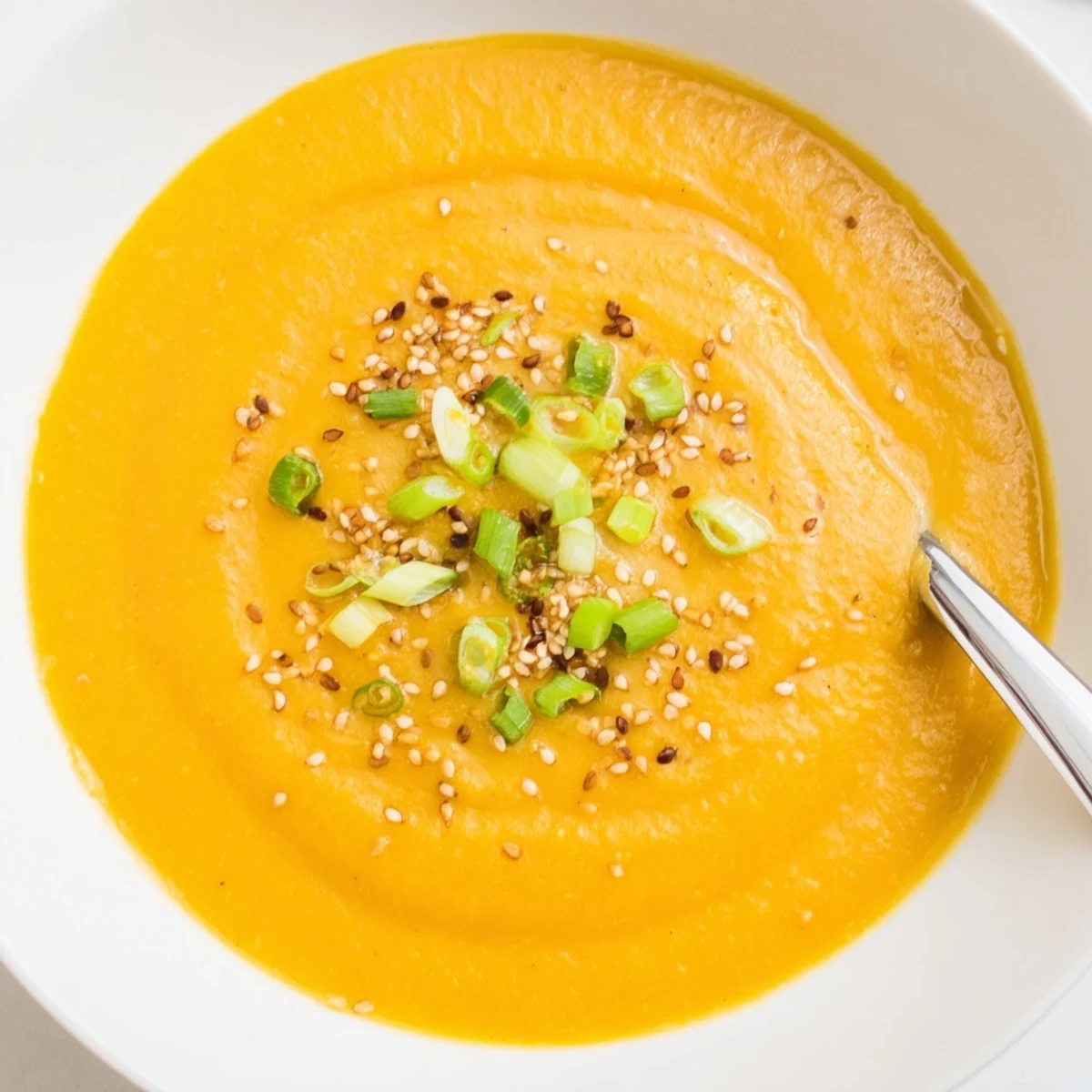 Creamy Carrot Ginger Miso Soup steaming in bowl, garnished with scallions.