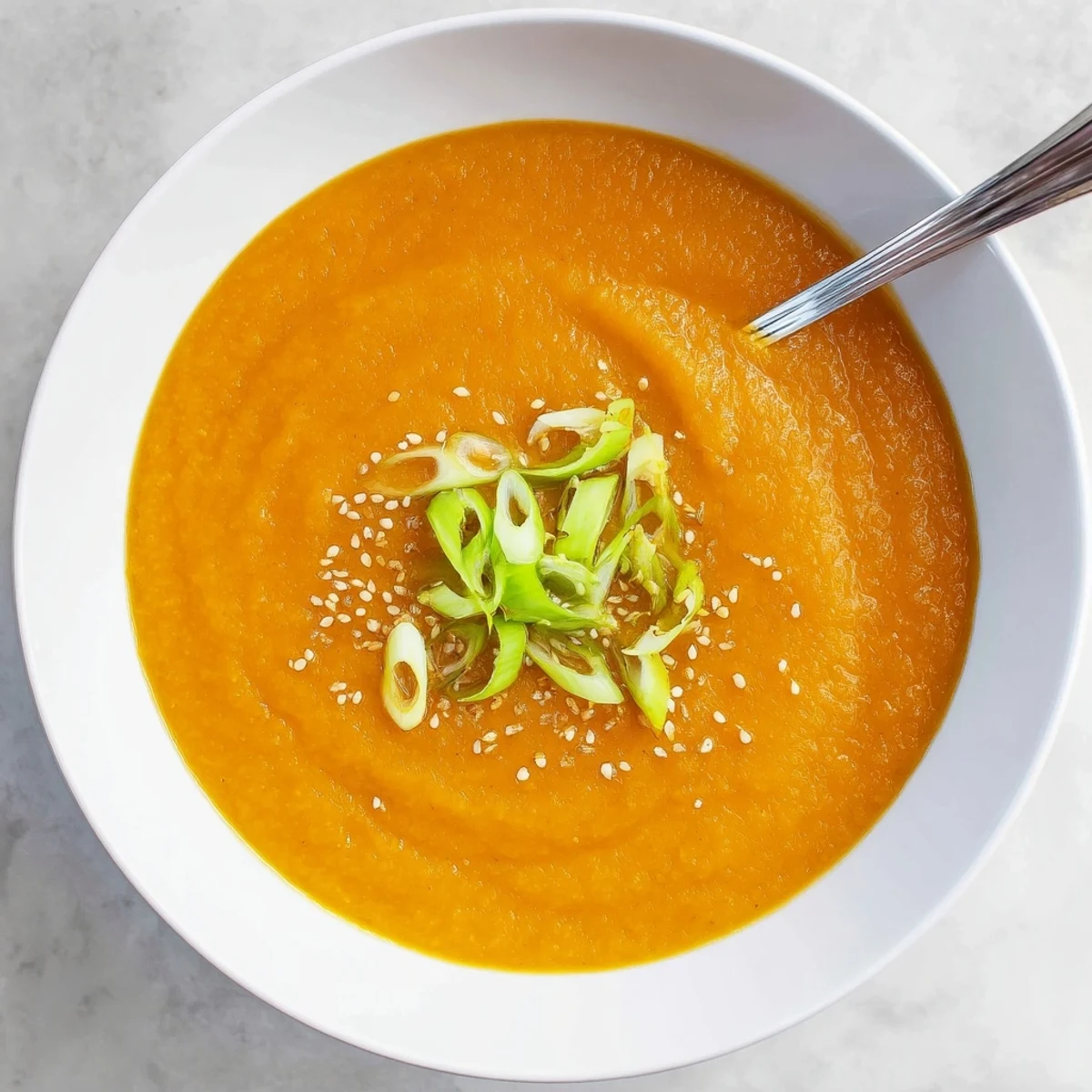 Velvety Carrot Ginger Miso Soup recipe shown with toasted sesame and crusty bread.