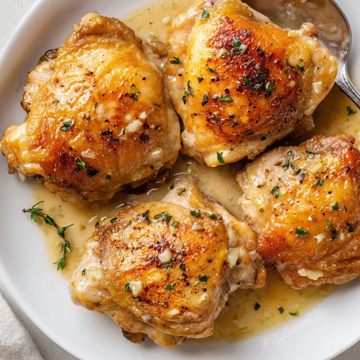 Tender, saucy Creamy Garlic Chicken Thighs With Herbs garnished with bright parsley.