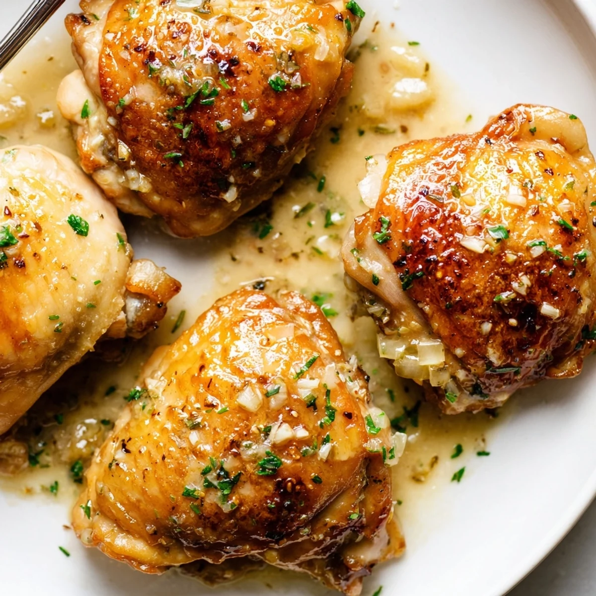 Pan-seared Creamy Garlic Chicken Thighs With Herbs over mashed potatoes, steam rising.