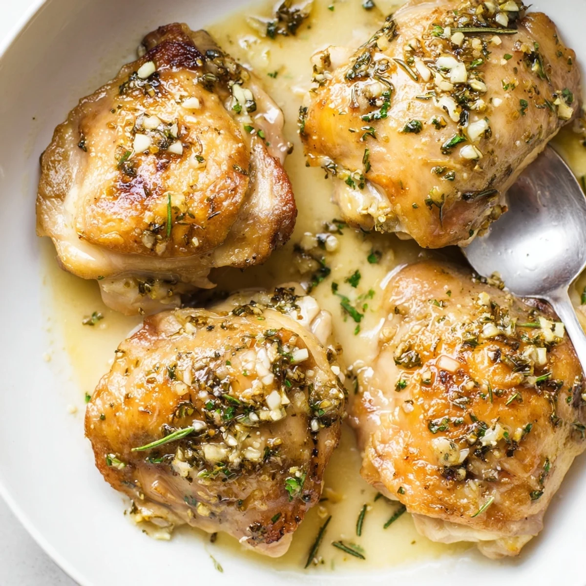 One-pan Creamy Garlic Chicken Thighs With Herbs, golden skin, rosemary-scented cream.
