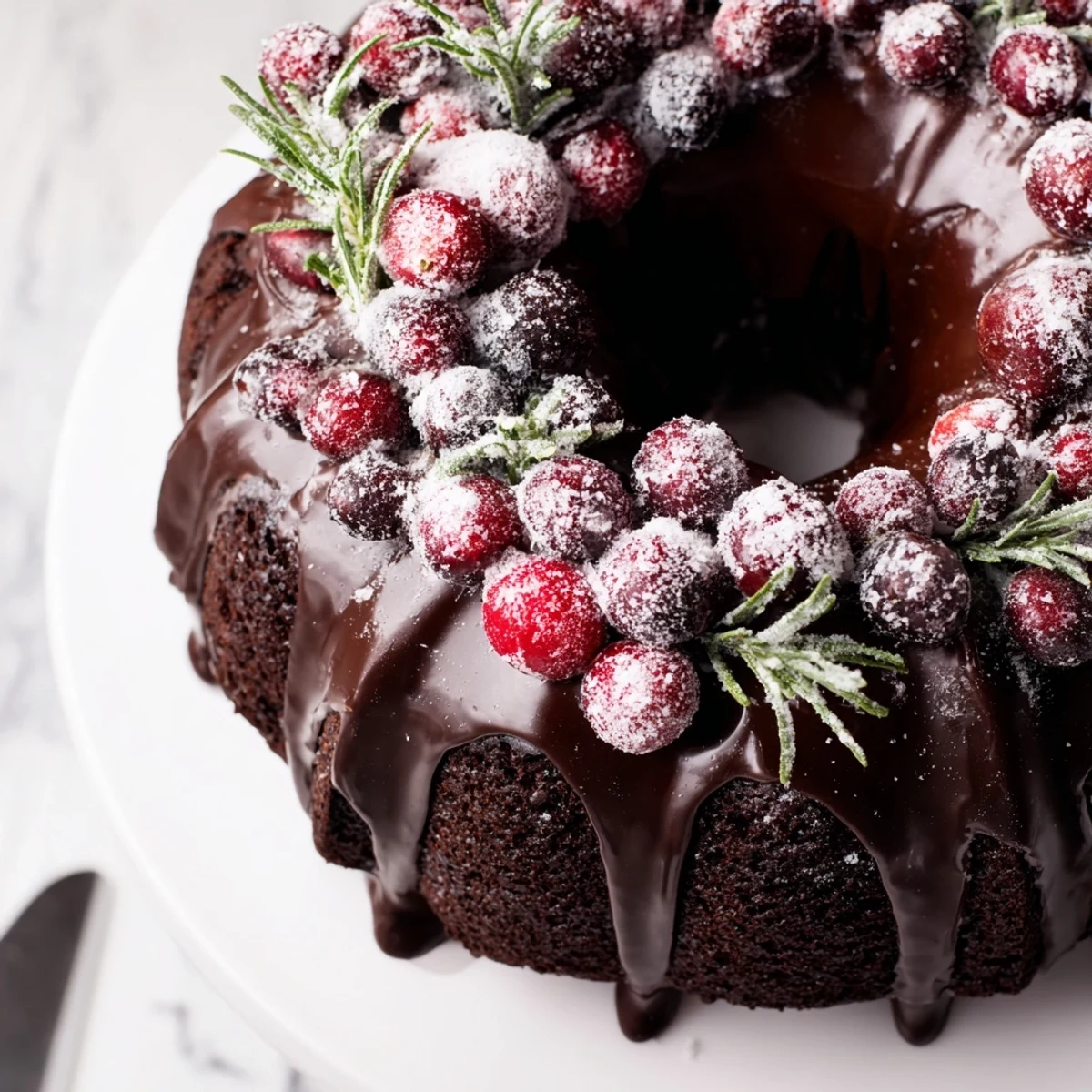 Chocolate Bundt Cake Christmas Wreath with glossy chocolate glaze, sugared cranberries, rosemary.  