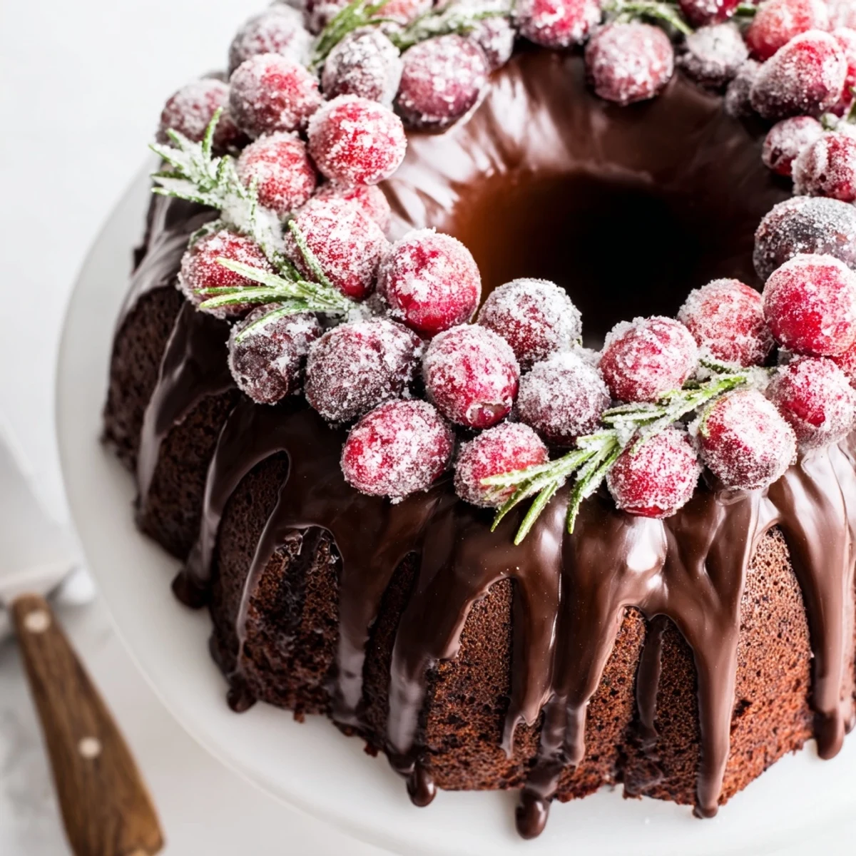 Warm slice of Chocolate Bundt Cake Christmas Wreath served with steaming cocoa.  