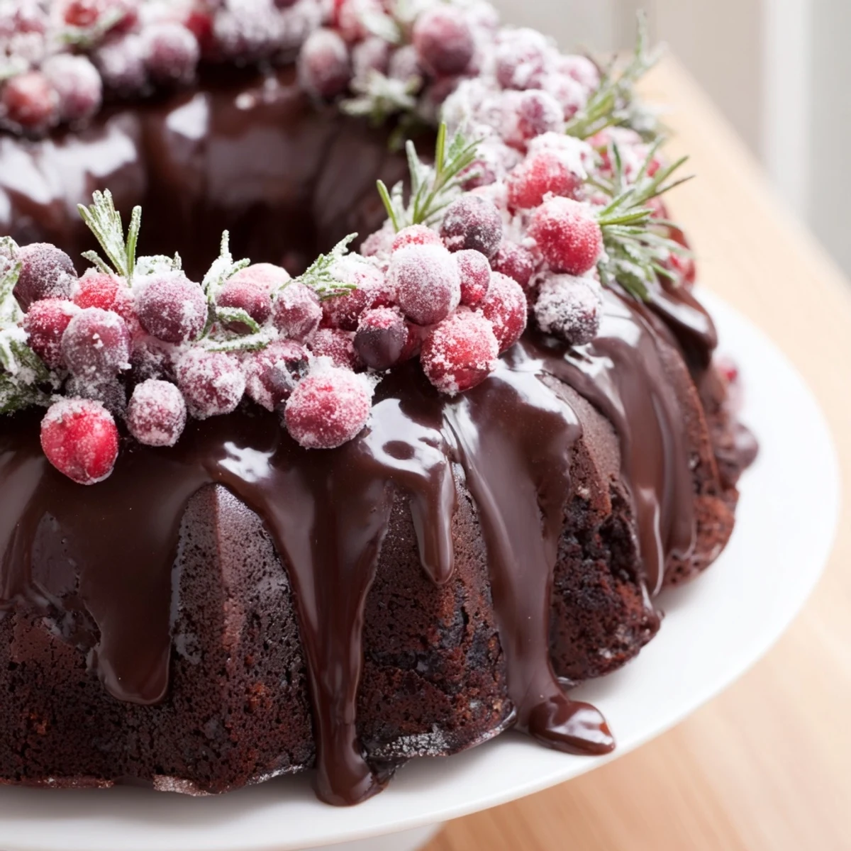 Festive Chocolate Bundt Cake Christmas Wreath dusted with powdered sugar, holiday centerpiece.