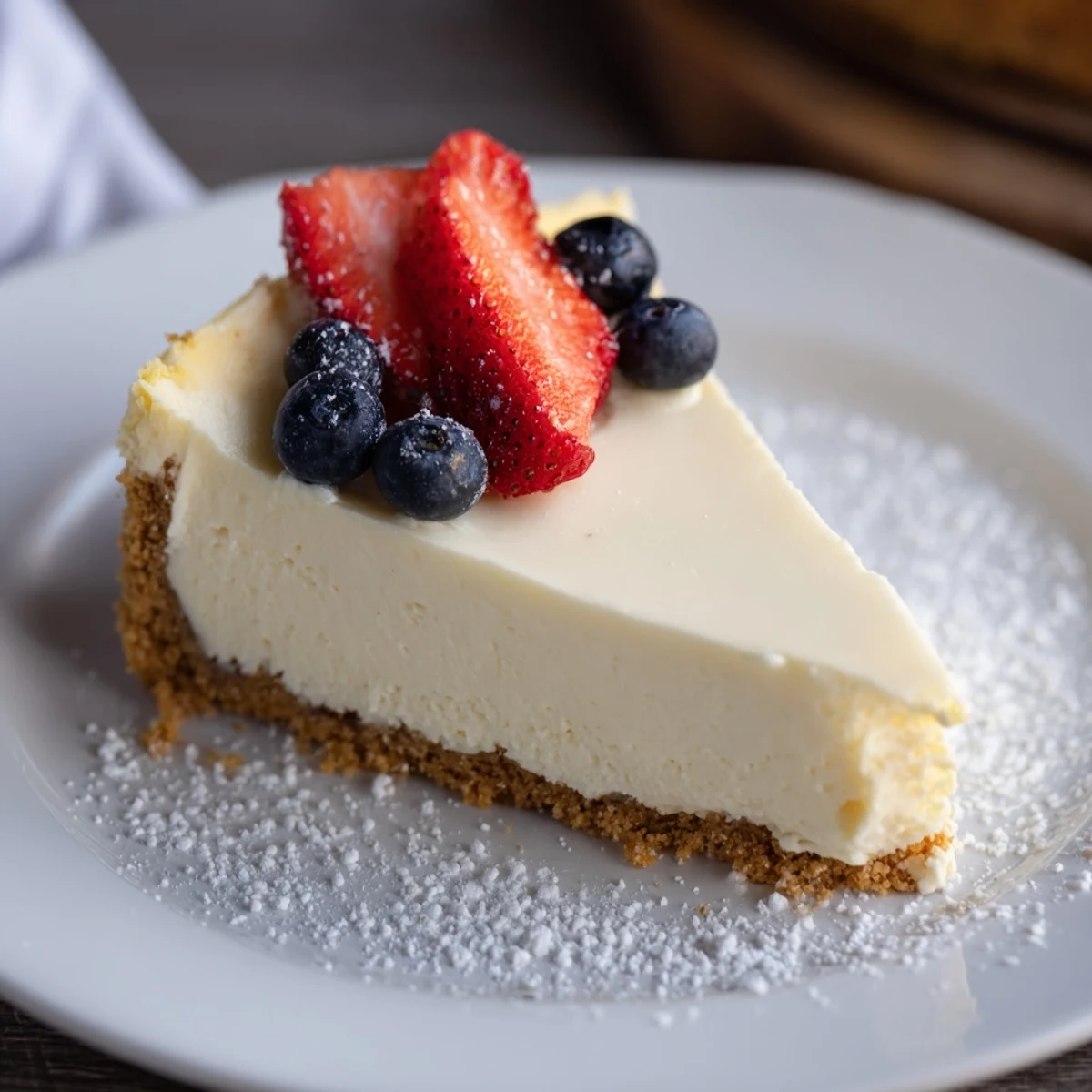 Classic Cheesecake with buttery graham crust, creamy center, sliced with berries