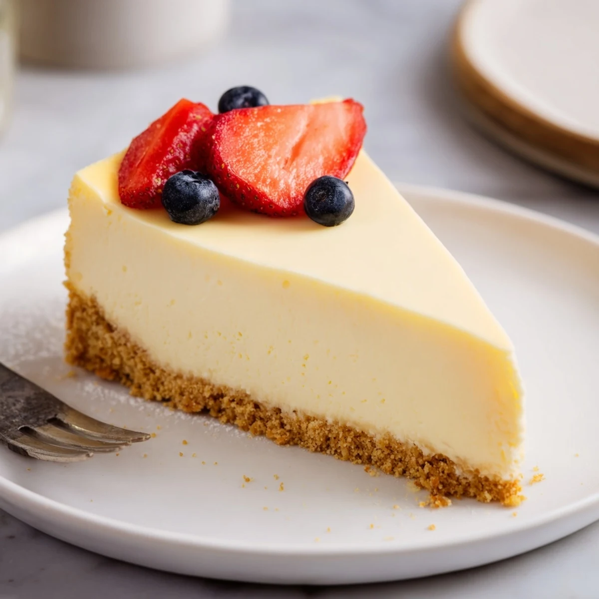Slice of Classic Cheesecake on plate, silky texture, served with berry compote