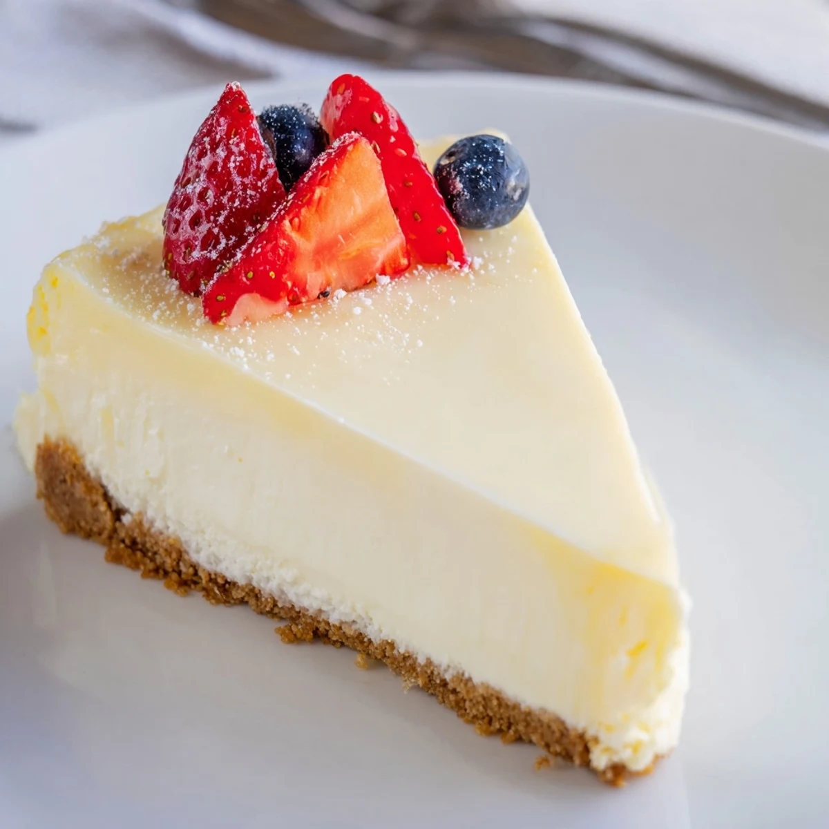 A chilled Classic Cheesecake topped with sour cream, bright lemon zest