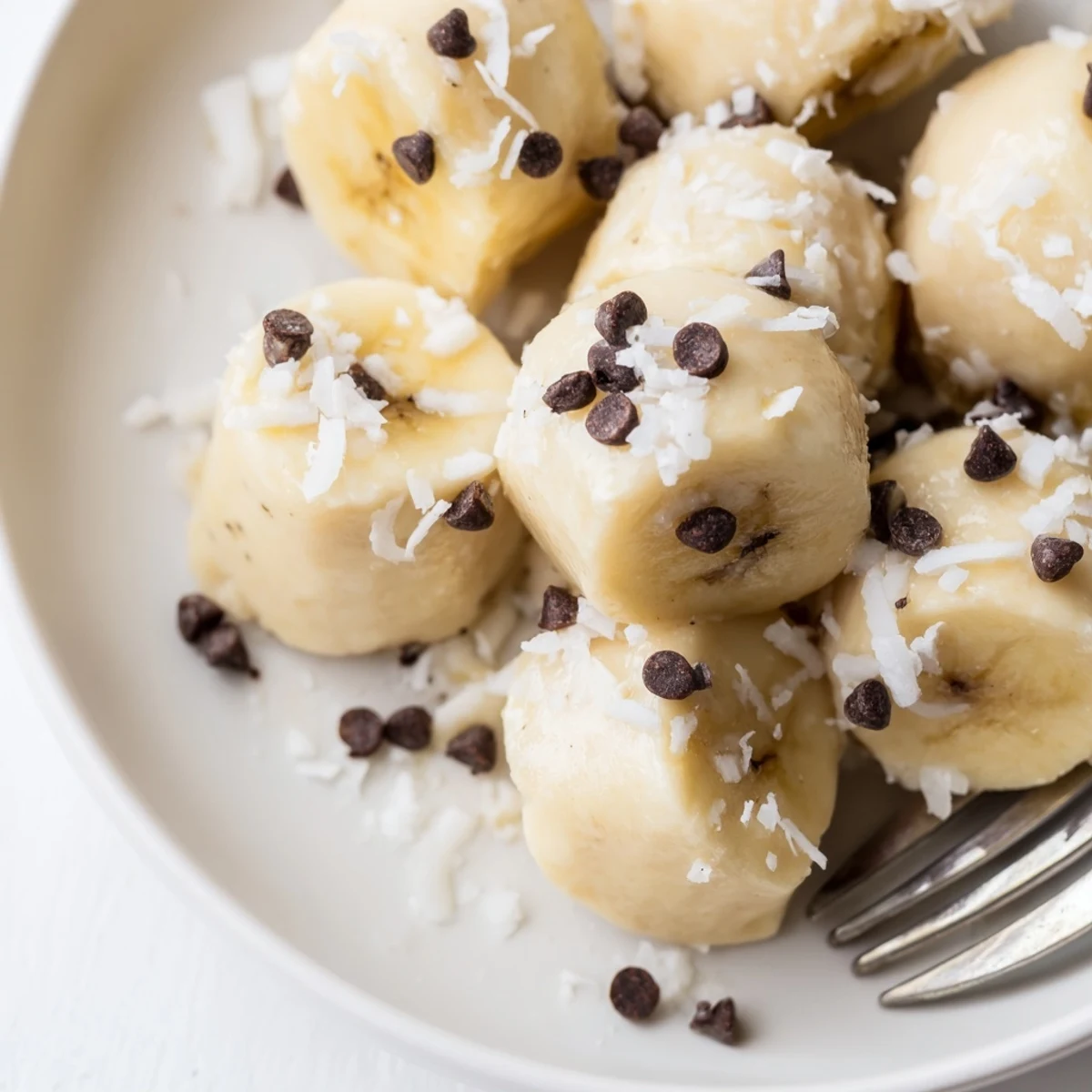Parchment-lined sheet holding Frozen Banana Yogurt Bites with glossy yogurt coating