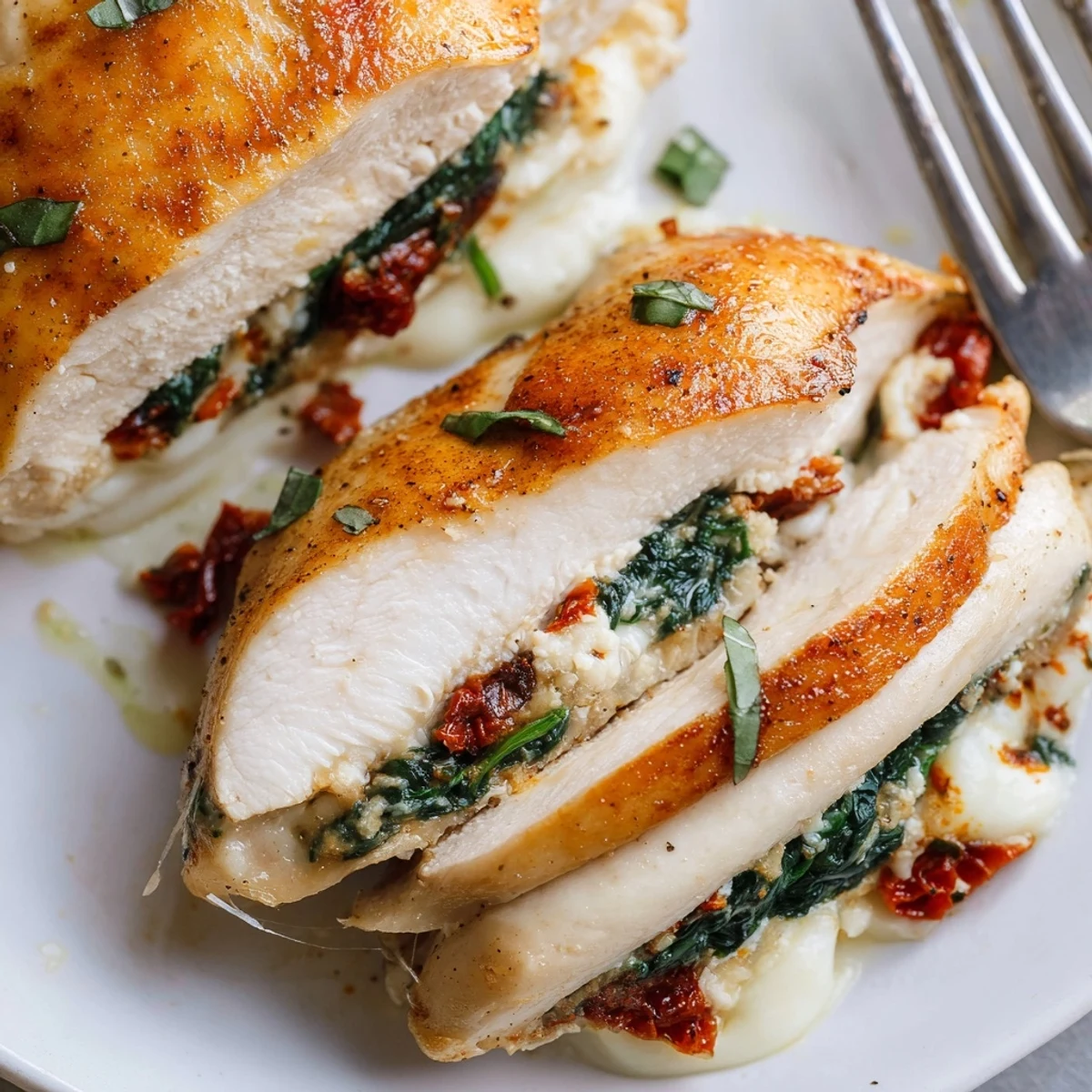 Cheesy Spinach Stuffed Chicken Sun Dried Tomato Flavor, golden seared and oozing mozzarella