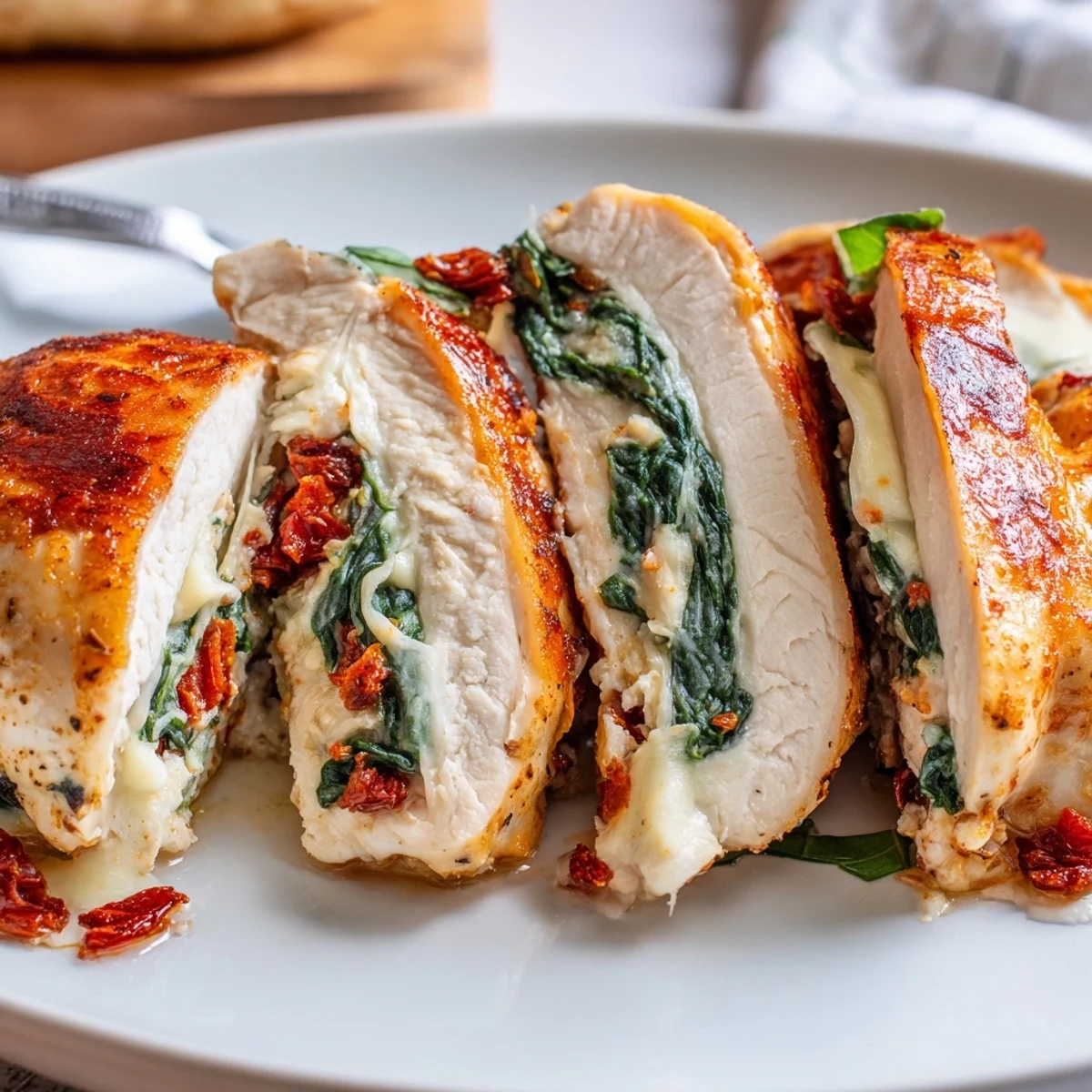 Bite reveals creamy filling in Cheesy Spinach Stuffed Chicken Sun Dried Tomato Flavor