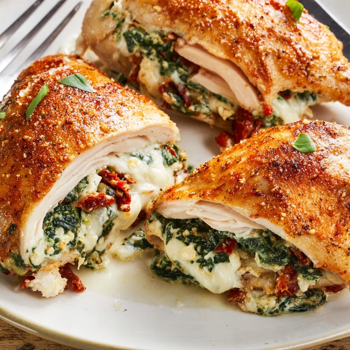 Cheesy Spinach Stuffed Chicken Sun Dried Tomato Flavor plated with lemony roasted potatoes
