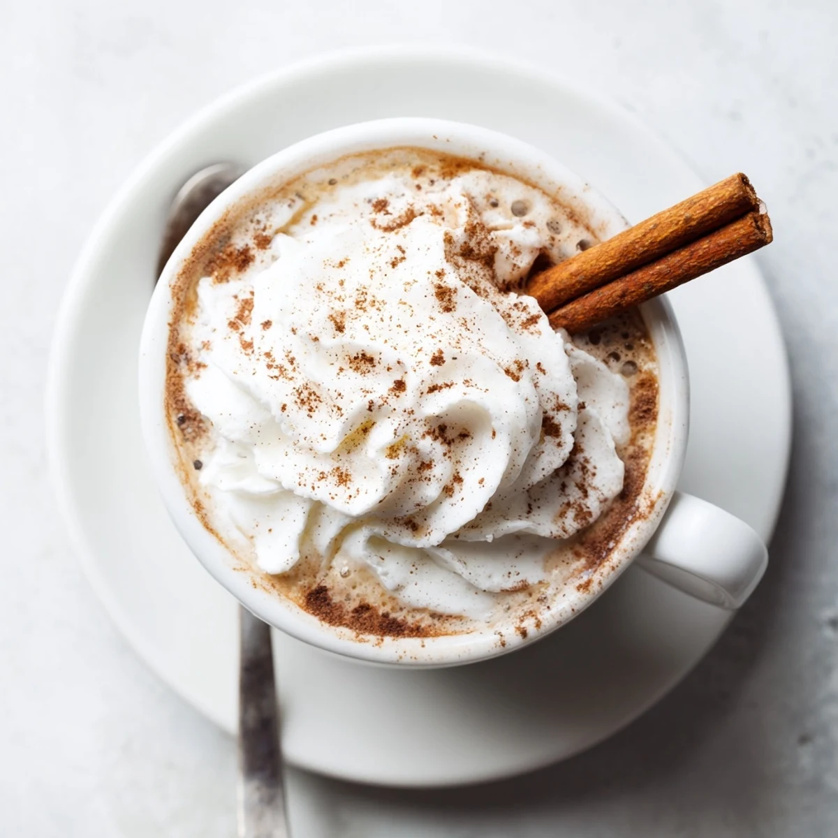 Cozy Winter Lattes steaming in ceramic mugs, frothy milk and cinnamon dusting