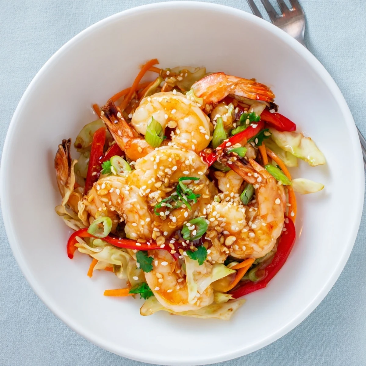 Pan-sizzled Delicious Asian Shrimp And Cabbage Stir Fry with crunchy carrots and ginger.