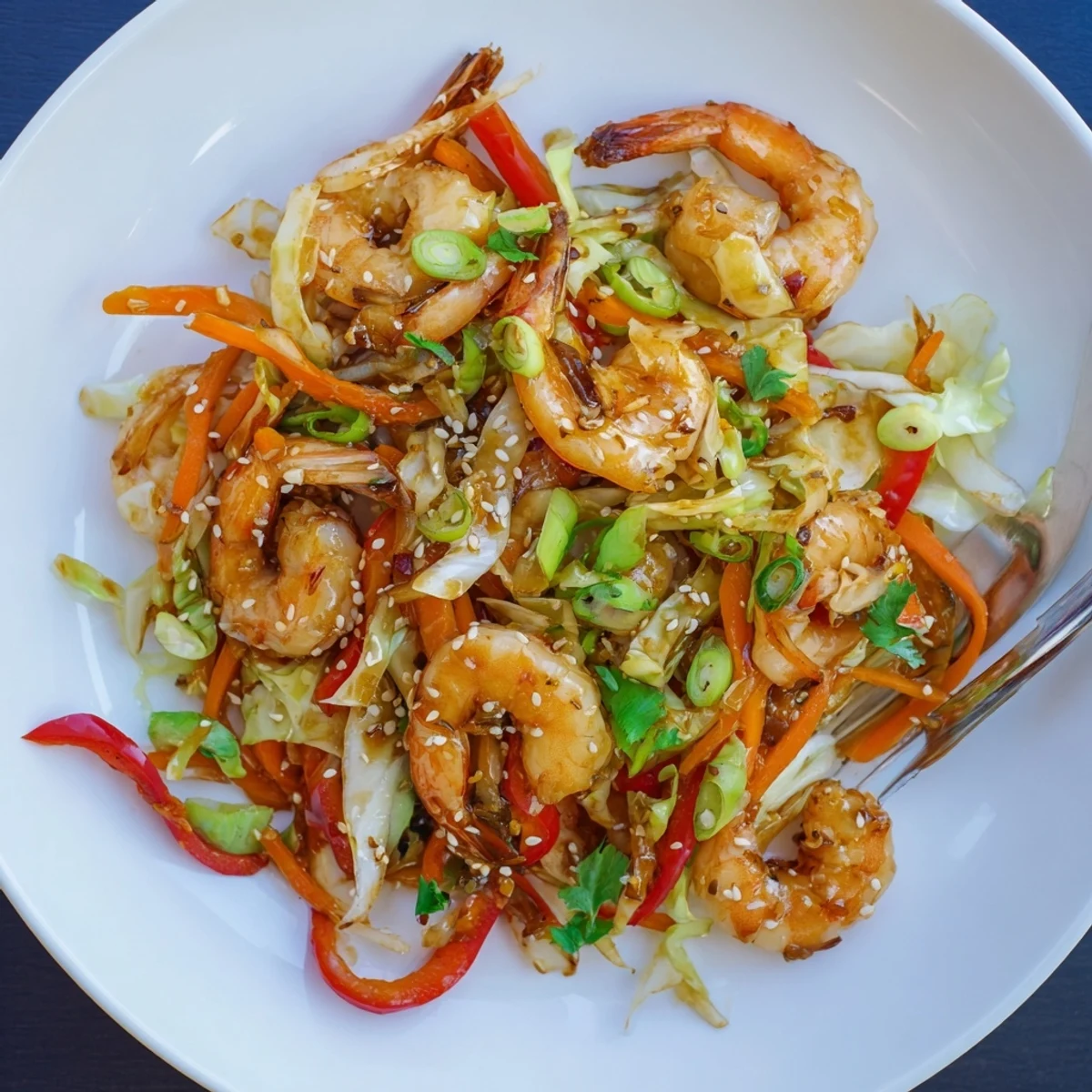 Delicious Asian Shrimp And Cabbage Stir Fry glistening with soy glaze, served over rice.